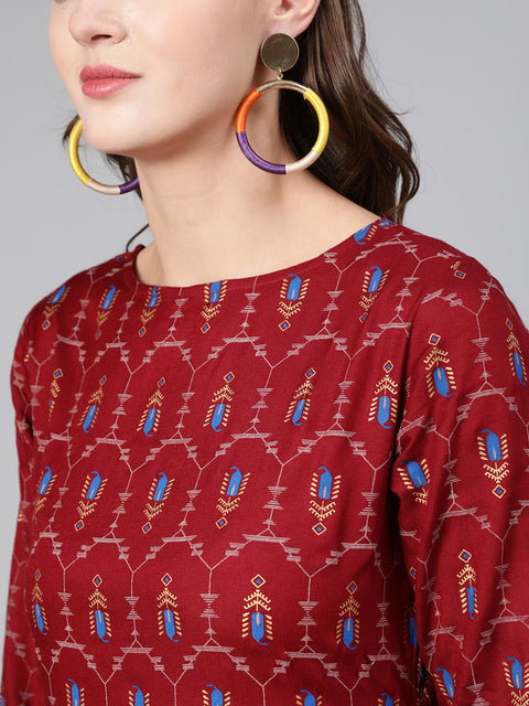Women Maroon Printed Flared Dress With Three Quarter Sleeves