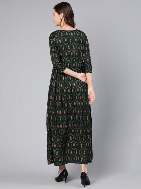 Women Green Printed Flared Dress With Three Quarter Sleeves