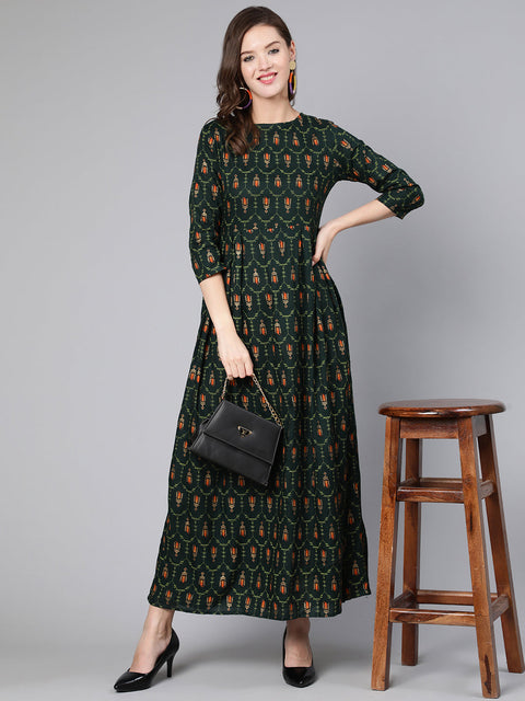 Women Green Printed Flared Dress With Three Quarter Sleeves