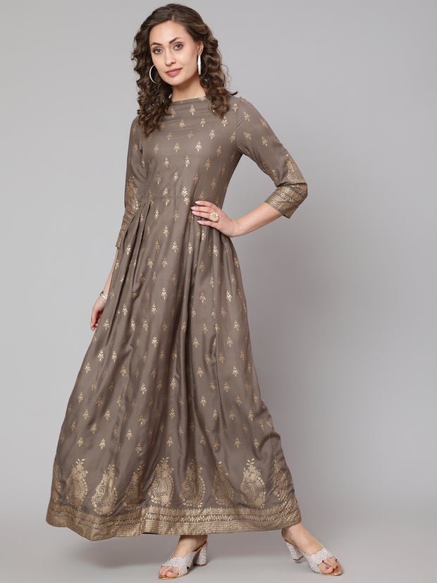 Women Grey Printed Flared Dress With Three Quarter Sleeves