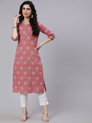 Women Pink Floral Printed Straight Kurta With Three Quarter Sleeves