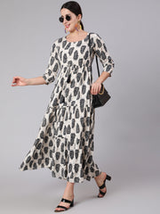 Women Off-White Printed Flared Dress With Three Quarter Sleeves