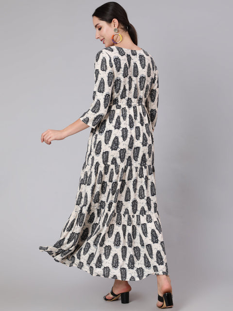 Women Off-White Printed Flared Dress With Three Quarter Sleeves