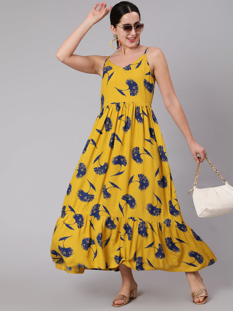 Women Yellow Floral Printed Sleeveless Dress