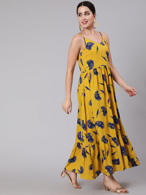 Women Yellow Floral Printed Sleeveless Dress