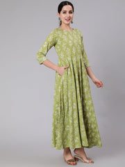 Women Olive Green Floral Printed Maxi Dress With Three Quarter Sleeves