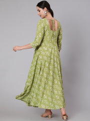 Women Olive Green Floral Printed Maxi Dress With Three Quarter Sleeves
