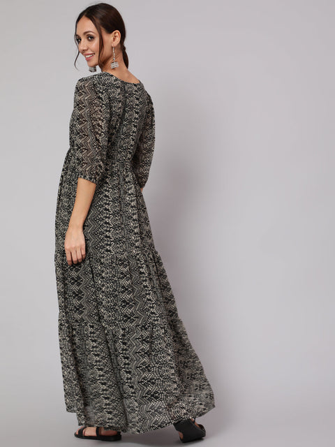 Women Black Geometric Printed Taired Dress With Three Quarter Sleeves