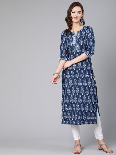Women Blue Ethnic Printed Straight Kurta With Three Quarter Sleeves