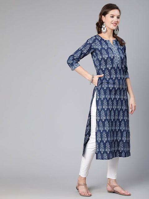 Women Blue Ethnic Printed Straight Kurta With Three Quarter Sleeves