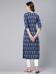 Women Blue Ethnic Printed Straight Kurta With Three Quarter Sleeves