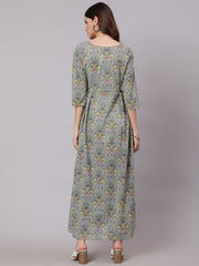 Women Grey Abstract Printed Plited Dress With Three Quarter Sleeves