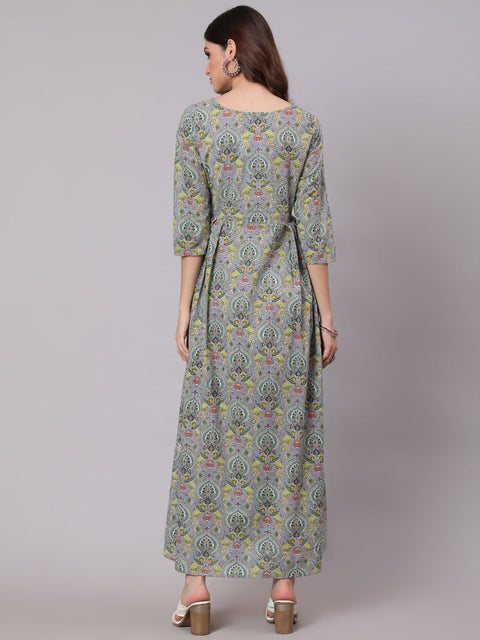 Women Grey Abstract Printed Plited Dress With Three Quarter Sleeves