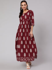 Women Maroon Ethnic Printed Gathered Dress With Three Quarter Sleeves