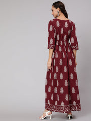 Women Maroon Ethnic Printed Gathered Dress With Three Quarter Sleeves