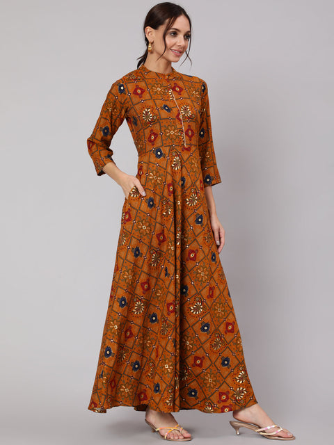 Women Mustrad Ethnic Printed Gathered Dress With Three Quarter Sleeves