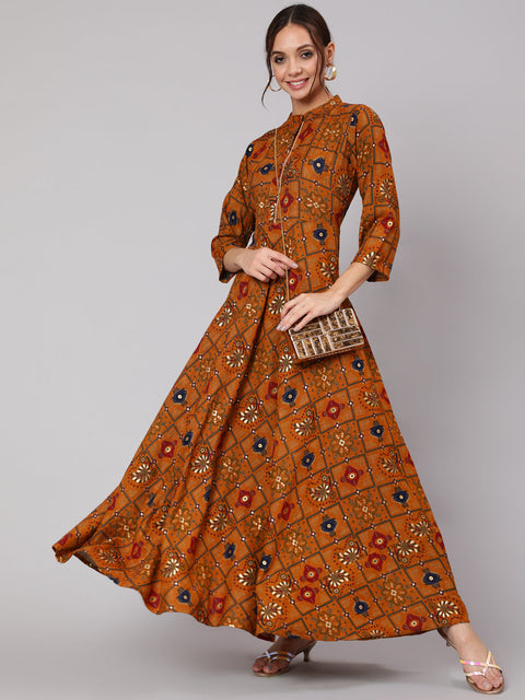 Women Mustrad Ethnic Printed Gathered Dress With Three Quarter Sleeves