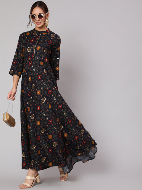 Women Navy Blue Ethnic Printed Gathered Dress With Three Quarter Sleeves