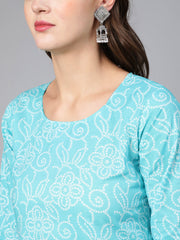 Women Aqua Blue Bandhani Printed Straight Kurta With Three Quarter Sleeves