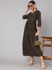 Women Green Abstrac Printed Gathered Dress With Three Quarter Sleeves