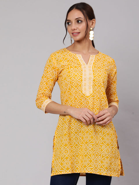 Women Yellow Bandhani Printe Straight Tunic
