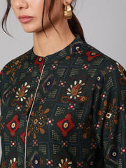 Women Green Ethnic Printed Gathered Dress With Three Quarter Sleeves