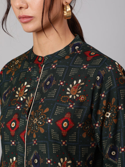 Women Green Ethnic Printed Gathered Dress With Three Quarter Sleeves