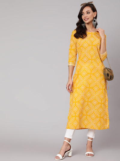 Women Yellow Bandhani Printed Straight Kurta With Three Quarter Sleeves