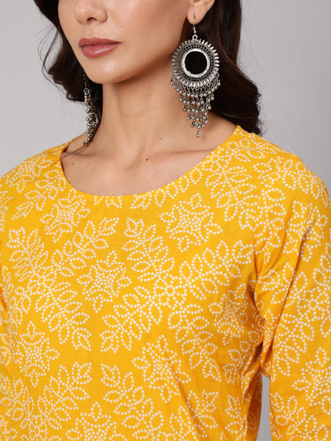 Women Yellow Bandhani Printed Straight Kurta With Three Quarter Sleeves
