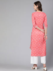 Women Pink Bandhani Printed Straight Kurta With Three Quarter Sleeves