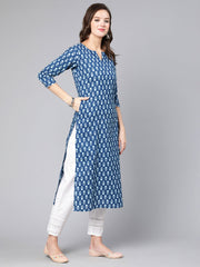 Women Blue Ethnic Printed Straight Kurta With Three Quarter Sleeves