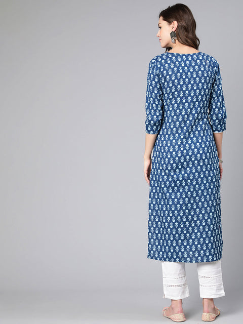 Women Blue Ethnic Printed Straight Kurta With Three Quarter Sleeves