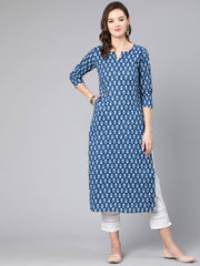 Women Blue Ethnic Printed Straight Kurta With Three Quarter Sleeves