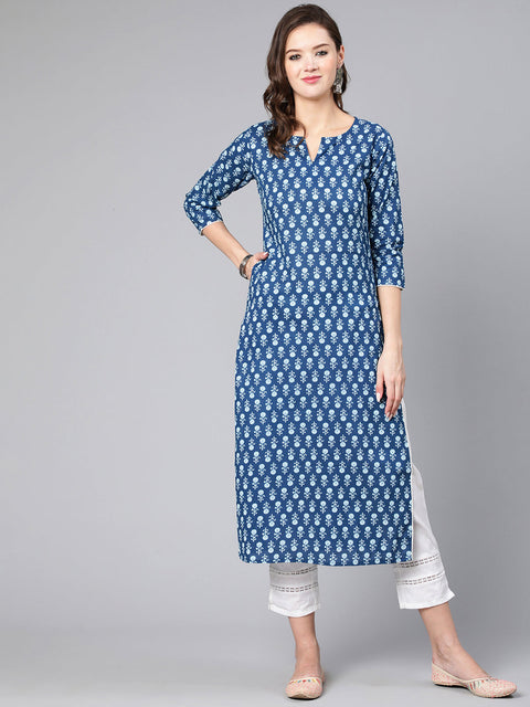 Women Blue Ethnic Printed Straight Kurta With Three Quarter Sleeves