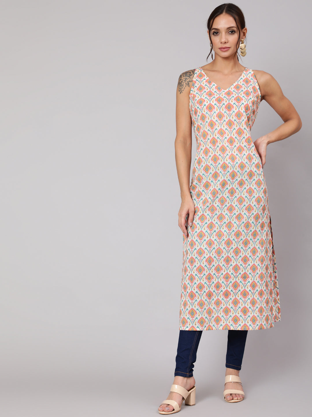 Bimba Women's Printed Sleeveless Kurta - Viscose Santoon, Side Slit, Mid-Calf Length - View #9