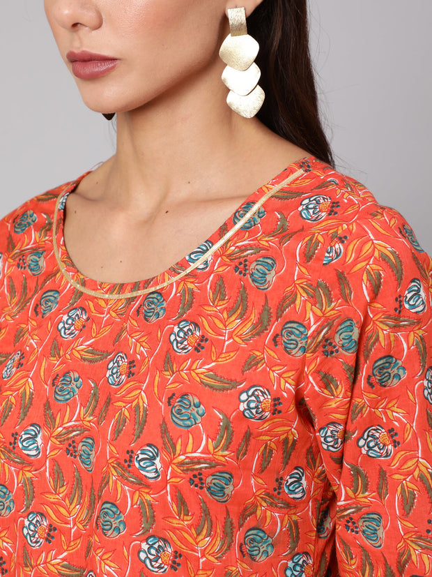 Women Orange Floral Printed Flared Dress With Three Quarter Sleeves