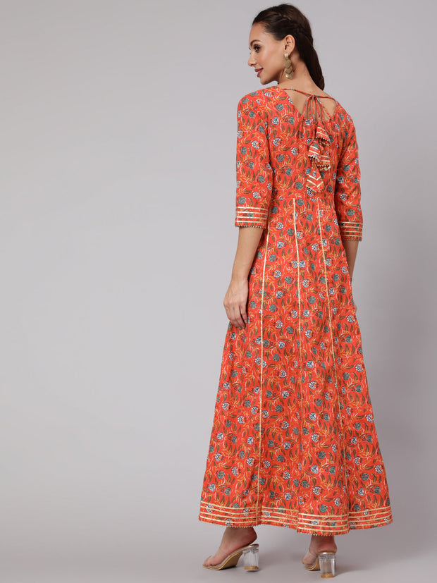 Women Orange Floral Printed Flared Dress With Three Quarter Sleeves