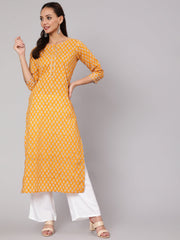 Women Mustard Ethnic Printed Straight Kurta With Three Quarter Sleeves