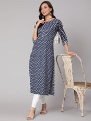 Women Blue Ethnic Printed Straight Kurta With Three Quarter Sleeves