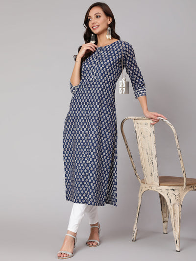 Women Blue Ethnic Printed Straight Kurta With Three Quarter Sleeves