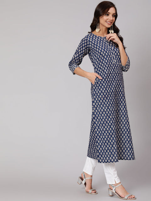 Women Blue Ethnic Printed Straight Kurta With Three Quarter Sleeves