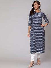 Women Blue Ethnic Printed Straight Kurta With Three Quarter Sleeves