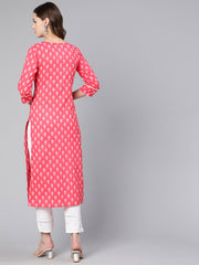 Women Pink Ethnic Printed Straight Kurta With Three Quarter Sleeves
