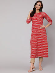 Women Red Ethnic Printed Straight Kurta With Three Quarter Sleeves