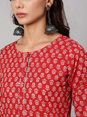 Women Red Ethnic Printed Straight Kurta With Three Quarter Sleeves