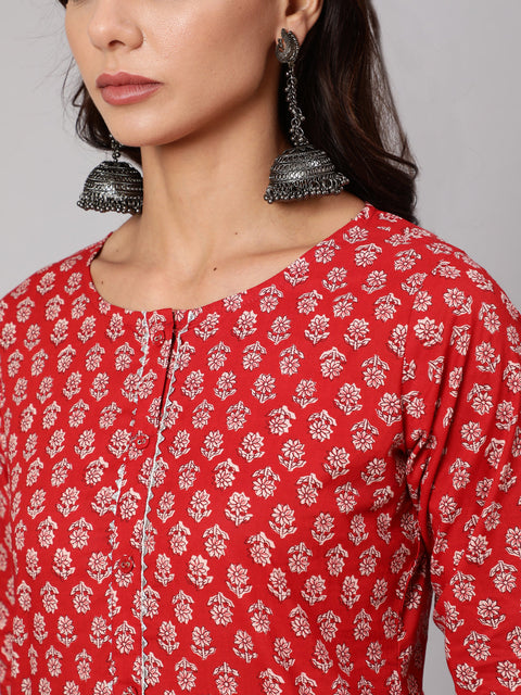 Women Red Ethnic Printed Straight Kurta With Three Quarter Sleeves