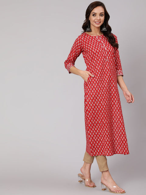 Women Red Ethnic Printed Straight Kurta With Three Quarter Sleeves