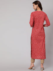 Women Red Ethnic Printed Straight Kurta With Three Quarter Sleeves
