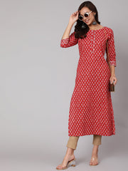 Women Red Ethnic Printed Straight Kurta With Three Quarter Sleeves