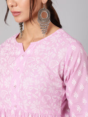 Women Purple Printed A-Line Tunic With Three Quarter Sleeves